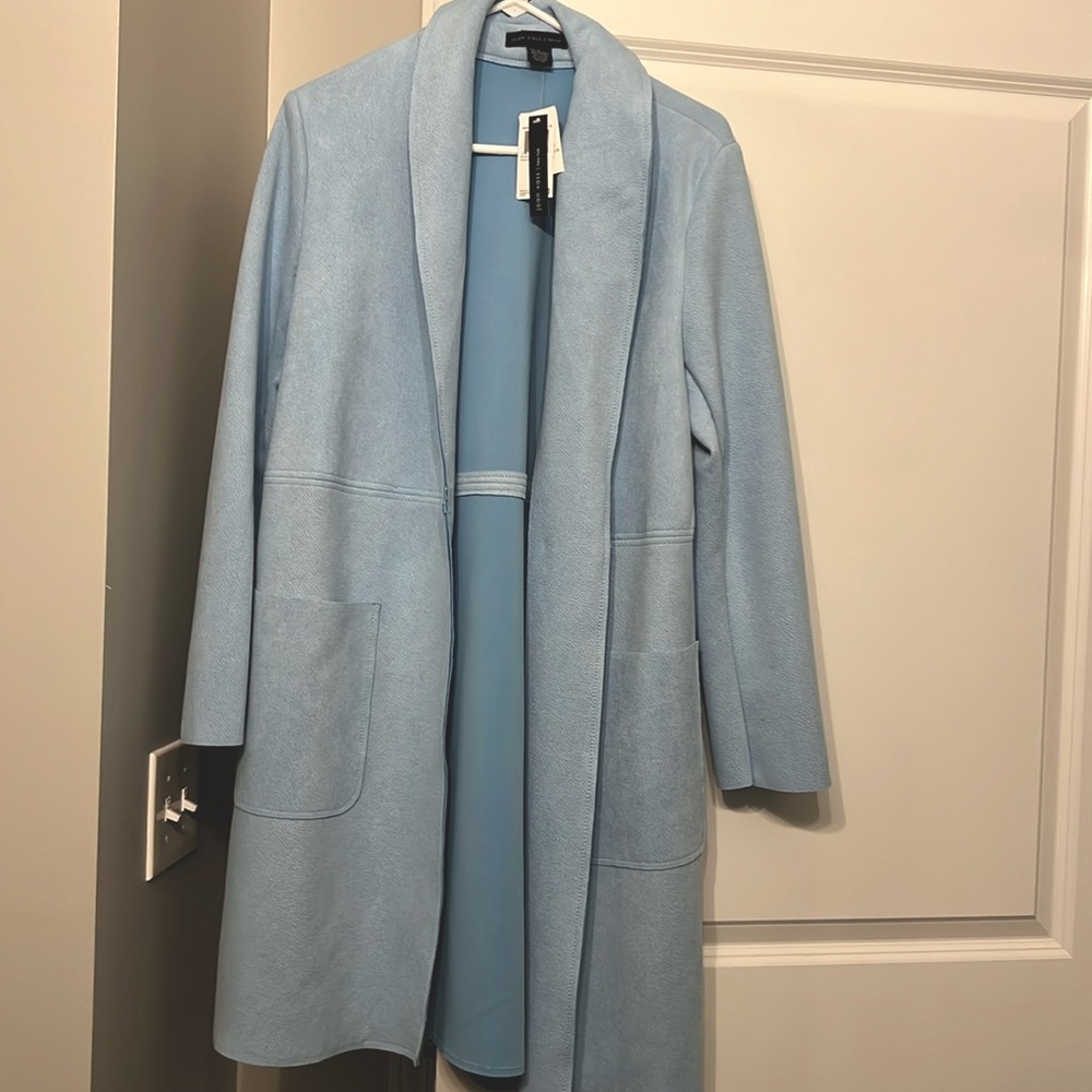 Brand new with tags Joanne Vass, sky blue, faux suede leather overcoat